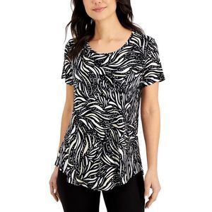 Jm Collection Womens Tiger-Print Short-Sleeve Top, Black, Size XX-Large